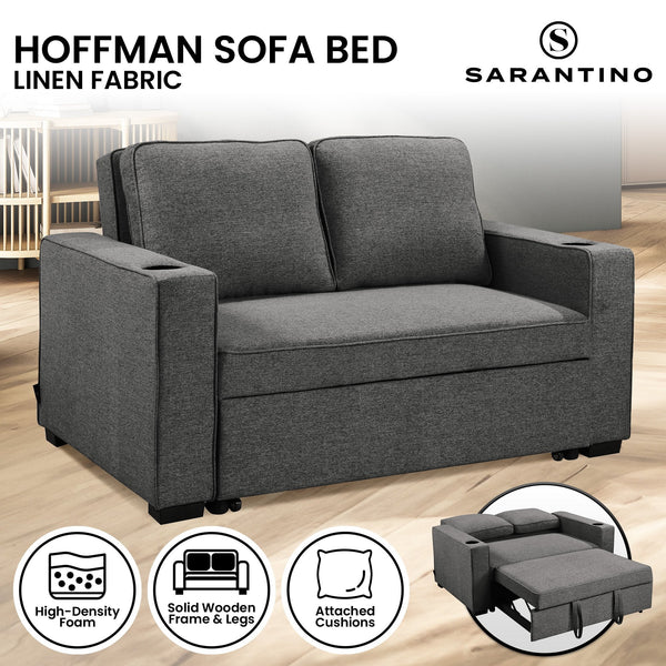 Sarantino Hoffman Linen Dark Grey Convertible Sofa Bed Couch Lounge With Cushions Cupholders Scandinavian-style Wooden Frame And Legs Sarantino