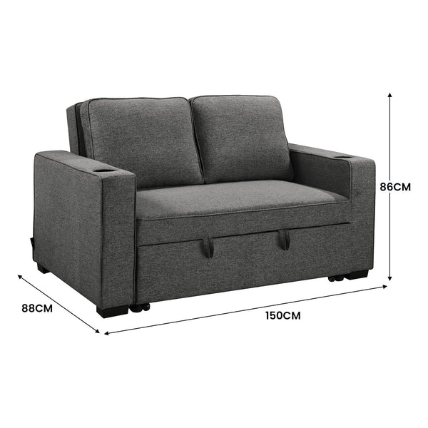 Sarantino Hoffman Linen Dark Grey Convertible Sofa Bed Couch Lounge With Cushions Cupholders Scandinavian-style Wooden Frame And Legs Sarantino