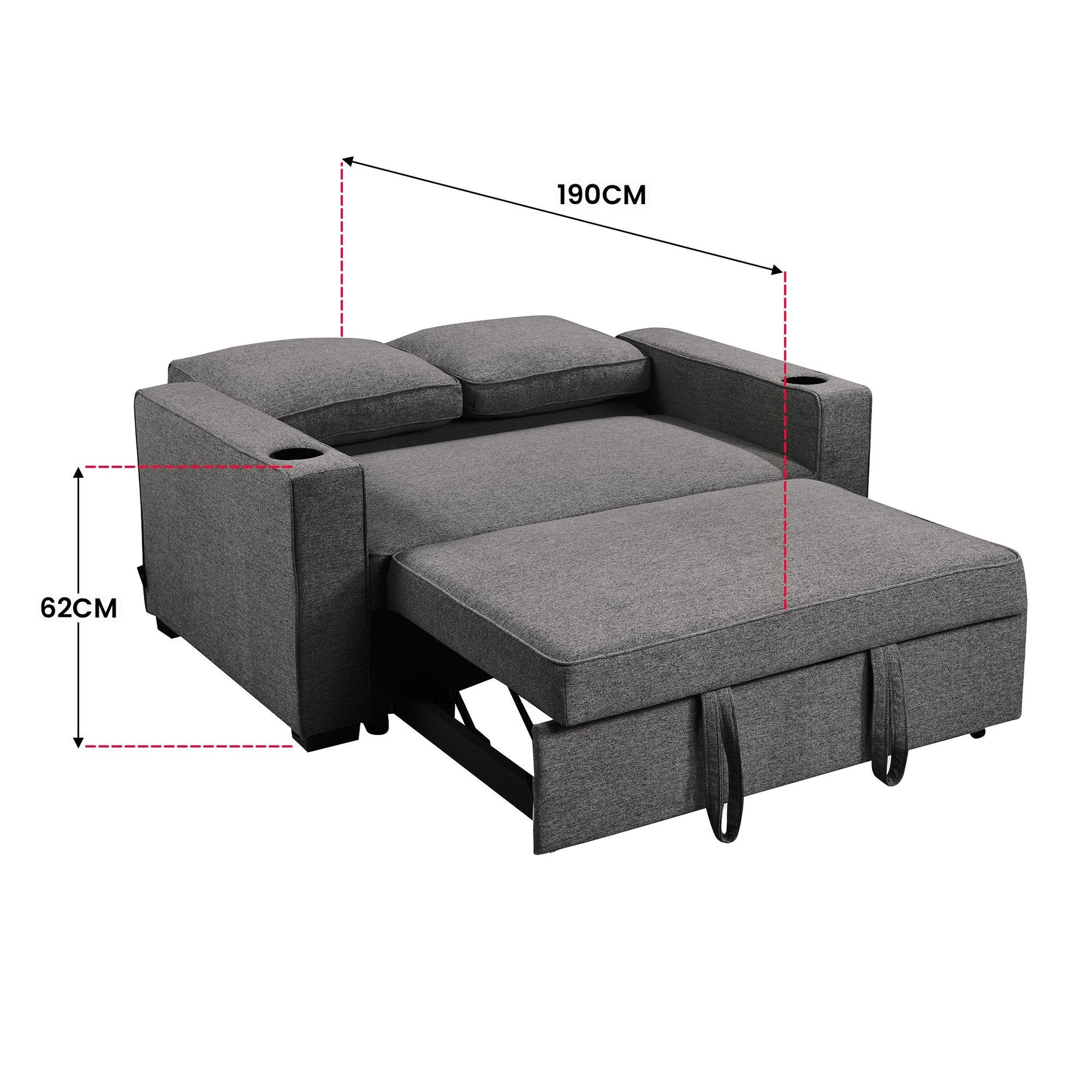 Sarantino Hoffman Linen Dark Grey Convertible Sofa Bed Couch Lounge With Cushions Cupholders Scandinavian-style Wooden Frame And Legs Sarantino