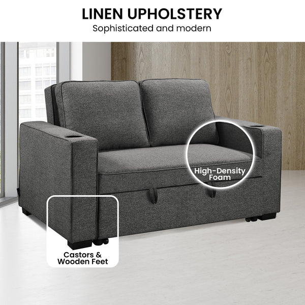 Sarantino Hoffman Linen Dark Grey Convertible Sofa Bed Couch Lounge With Cushions Cupholders Scandinavian-style Wooden Frame And Legs Sarantino