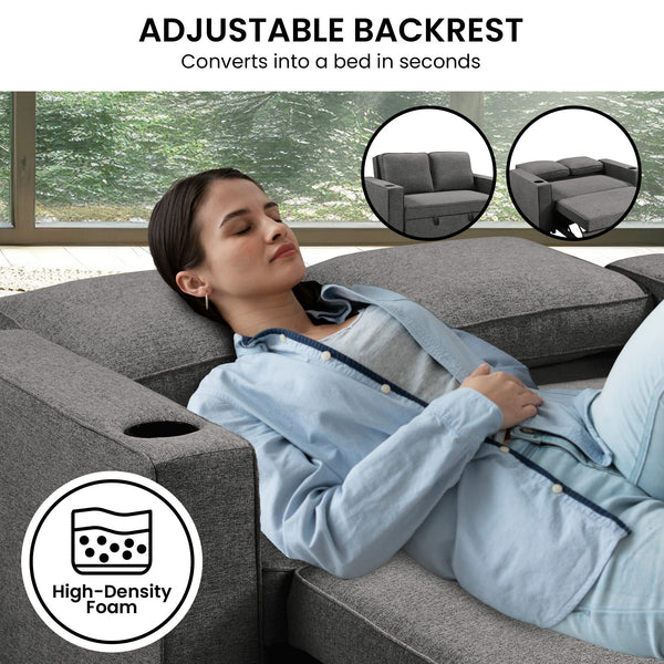 Sarantino Hoffman Linen Dark Grey Convertible Sofa Bed Couch Lounge With Cushions Cupholders Scandinavian-style Wooden Frame And Legs Sarantino