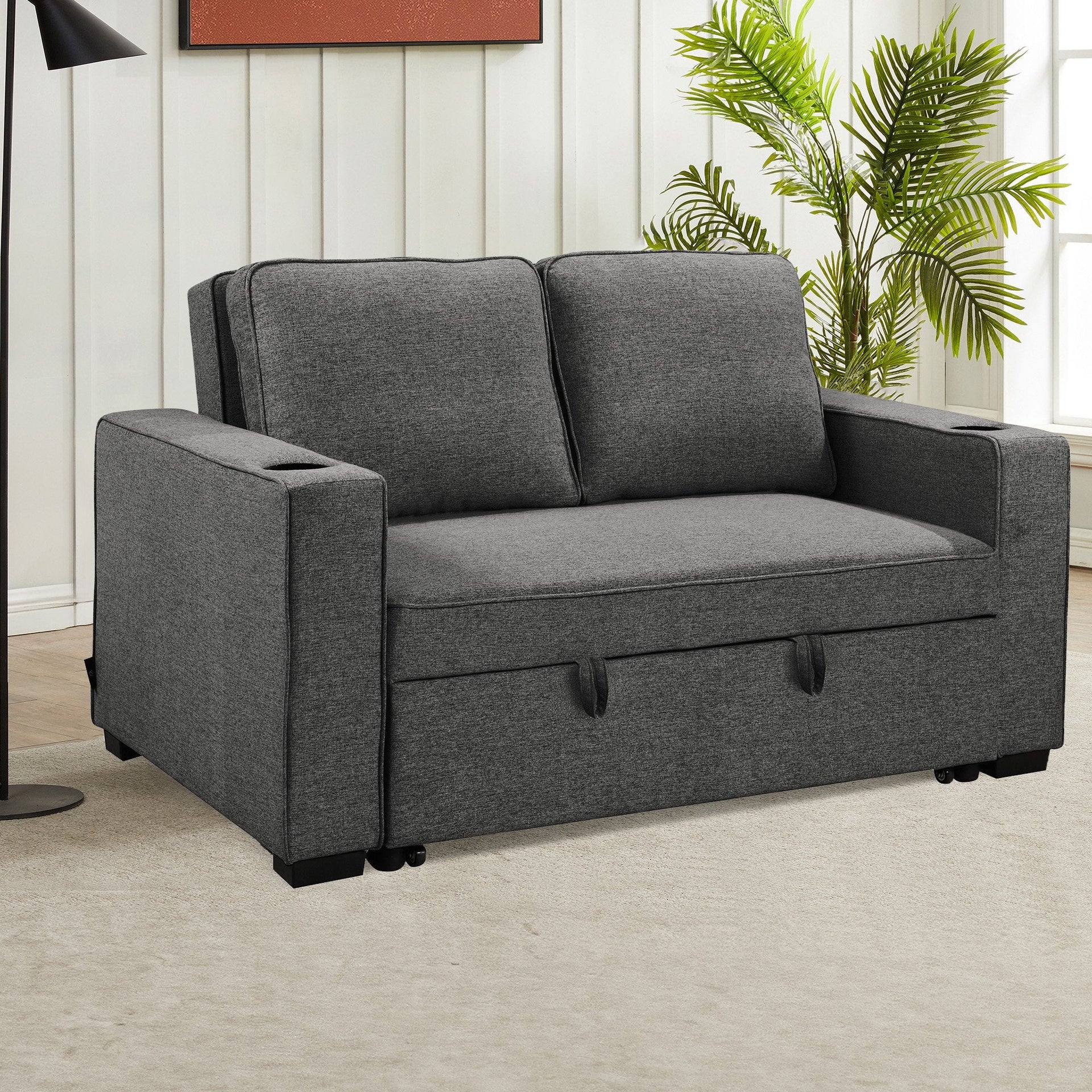 Sarantino Hoffman Linen Dark Grey Convertible Sofa Bed Couch Lounge With Cushions Cupholders Scandinavian-style Wooden Frame And Legs Sarantino