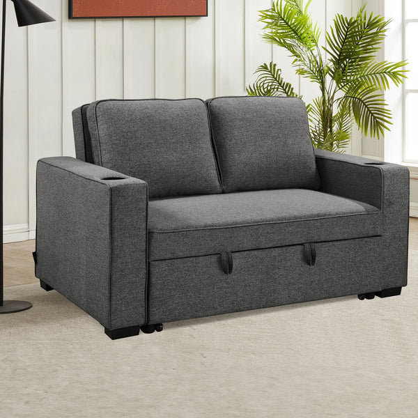 Sarantino Hoffman Linen Dark Grey Convertible Sofa Bed Couch Lounge With Cushions Cupholders Scandinavian-style Wooden Frame And Legs Sarantino