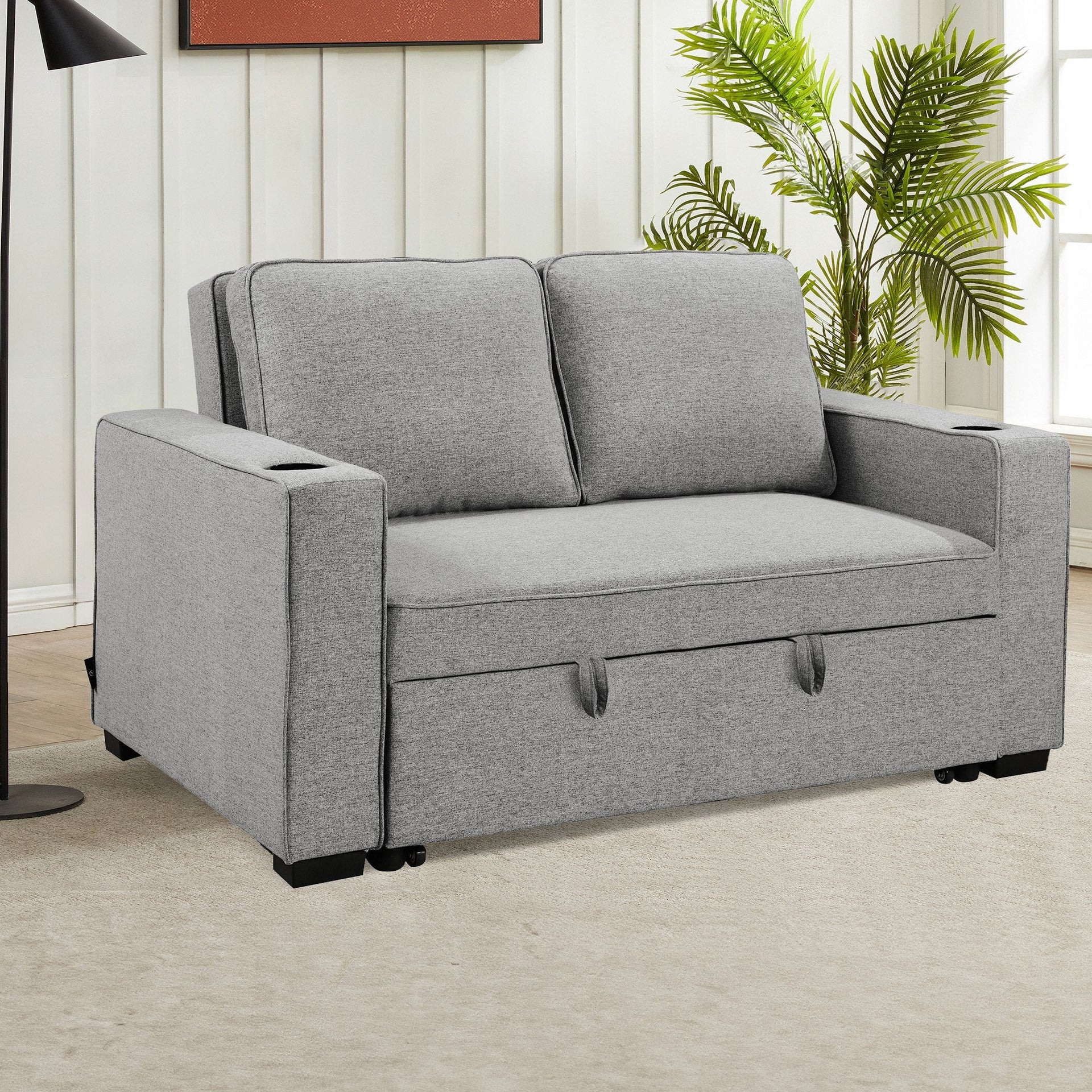 Sarantino Hoffman Linen Sofa Bed Chair With Cushions &cup Holders Light Grey Sarantino