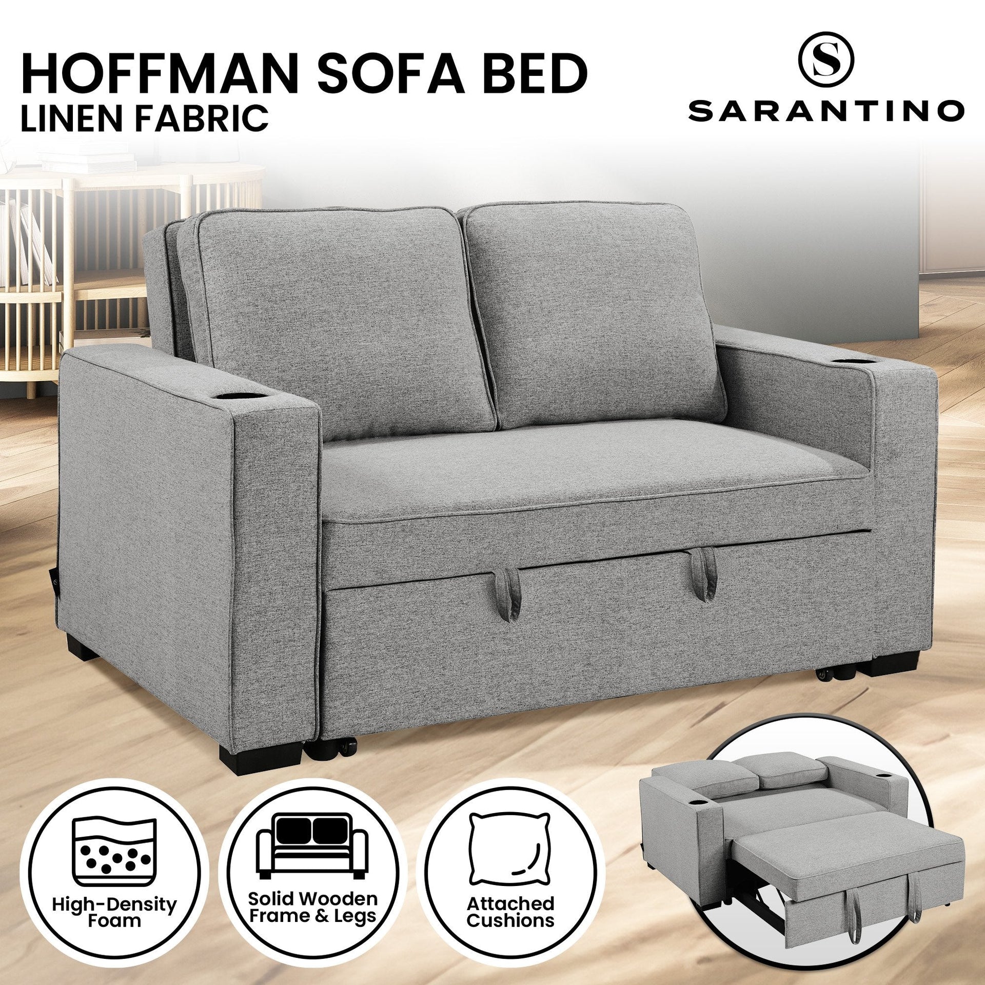 Sarantino Hoffman Linen Sofa Bed Chair With Cushions &cup Holders Light Grey Sarantino