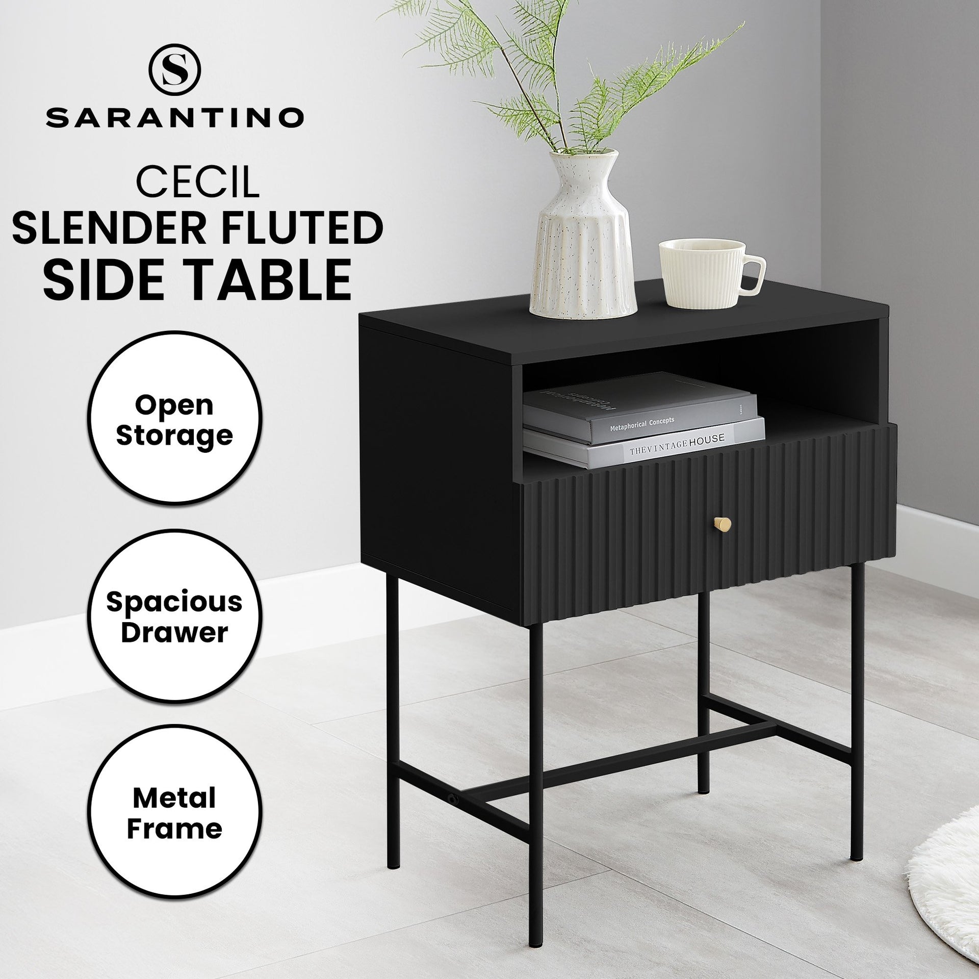 Sarantino Cecil Slender Fluted Bedside Table in Black Sarantino