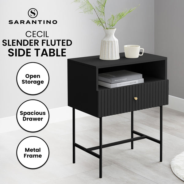 Sarantino Cecil Slender Fluted Bedside Table in Black Sarantino