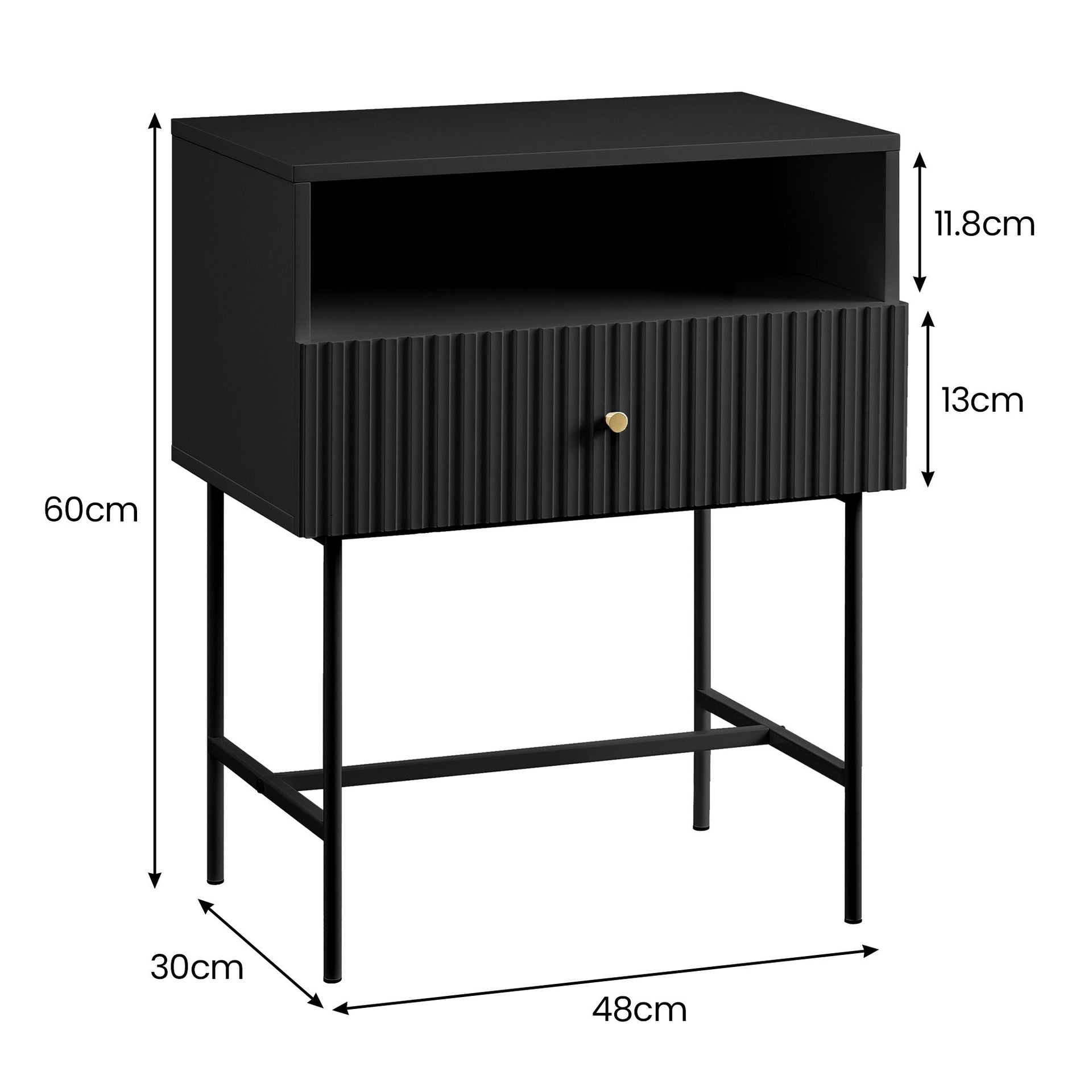 Sarantino Cecil Slender Fluted Bedside Table in Black Sarantino
