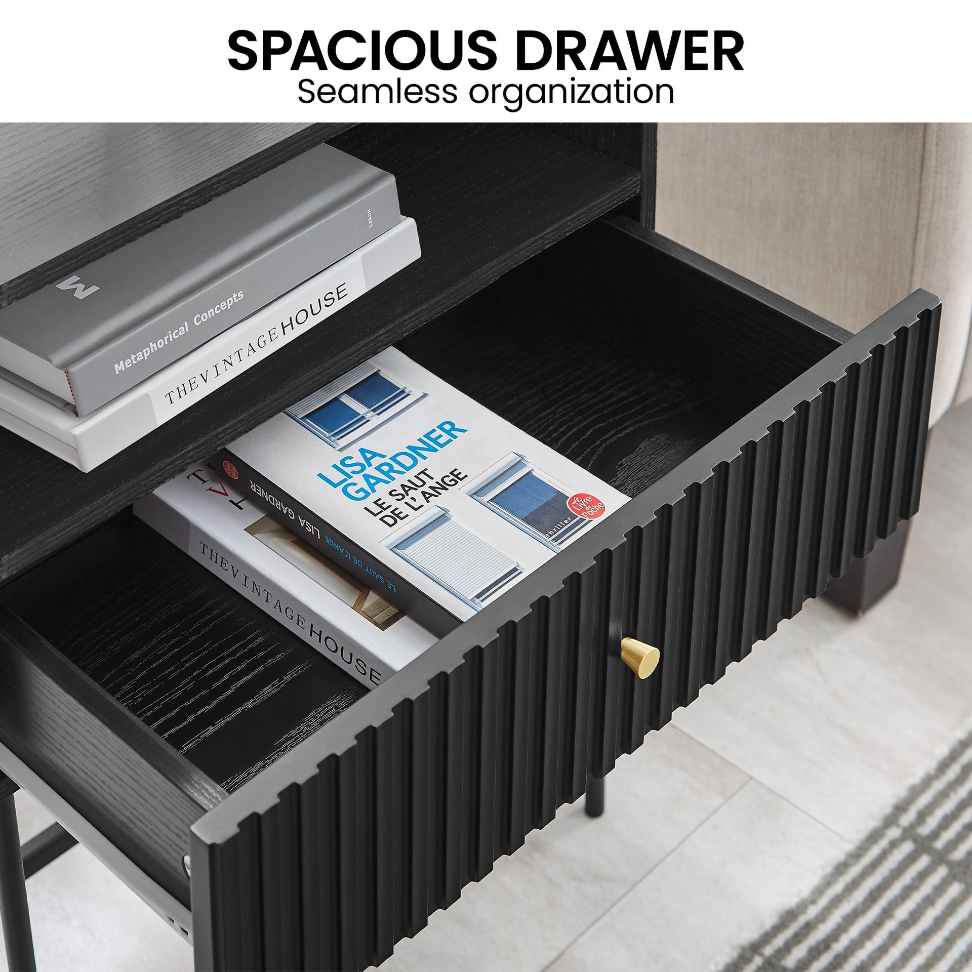 Sarantino Cecil Slender Fluted Bedside Table in Black Sarantino