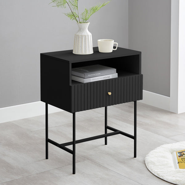Sarantino Cecil Slender Fluted Bedside Table in Black Sarantino