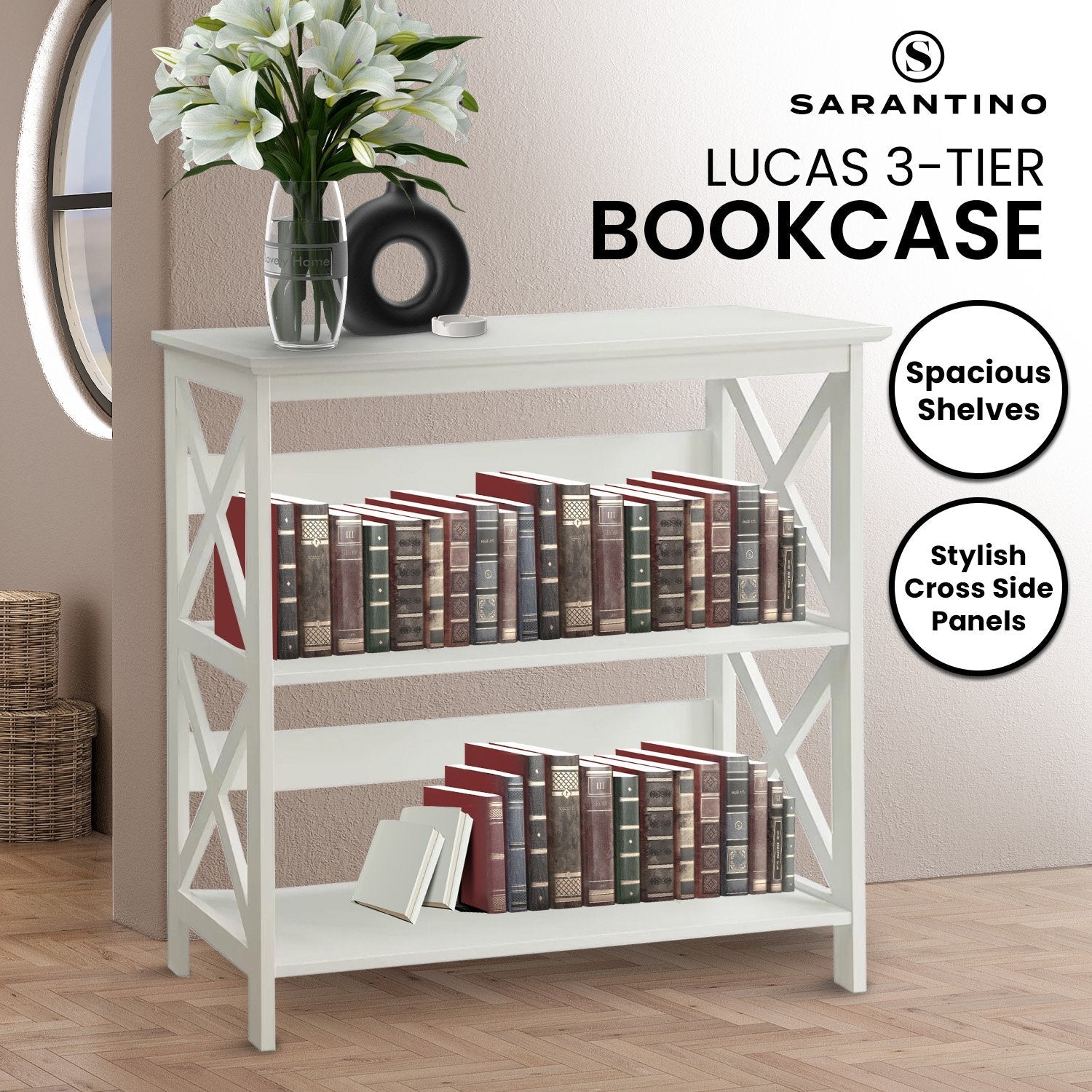 Sarantino Lucas 3-Tier Bookshelf Display Rack in White Awezingly