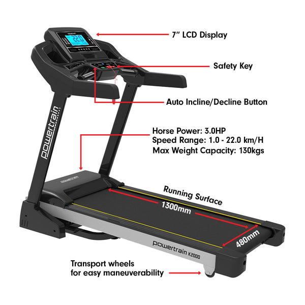 Powertrain K2000 Treadmill w/ Fan & Auto Incline Speed 22km/h Kahuna