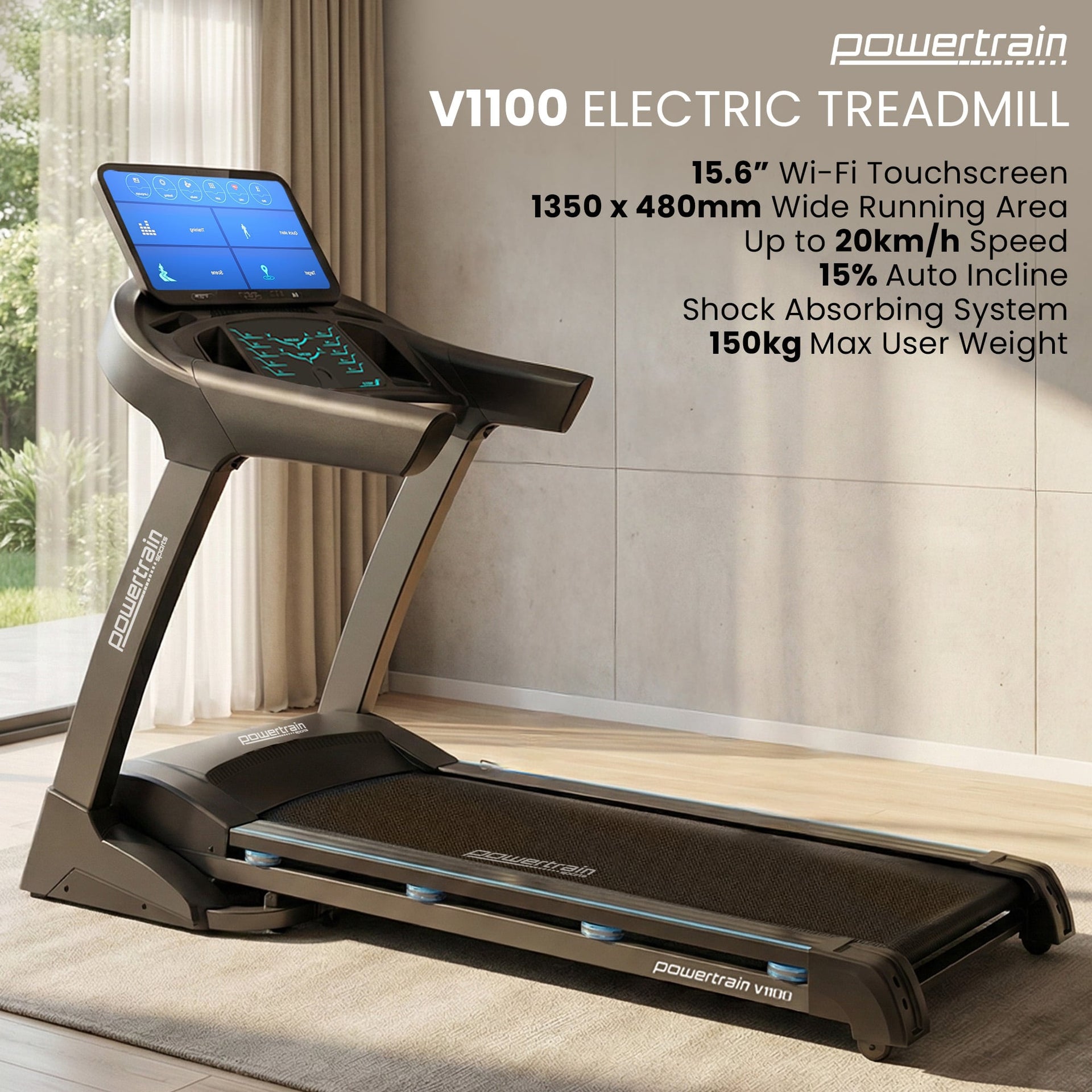 Powertrain V1100 Treadmill with Wifi Touch Screen & Incline Awezingly