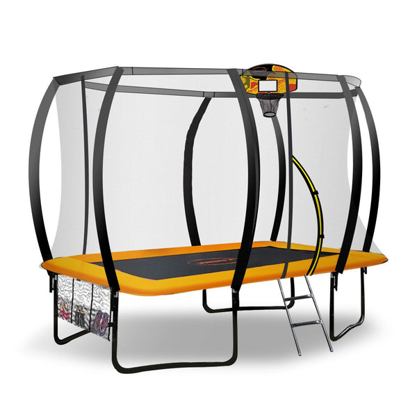 Kahuna 8ft X 11ft Outdoor Rectangular Orange Trampoline With Safety Enclosure And Basketball Hoop Set. Kahuna