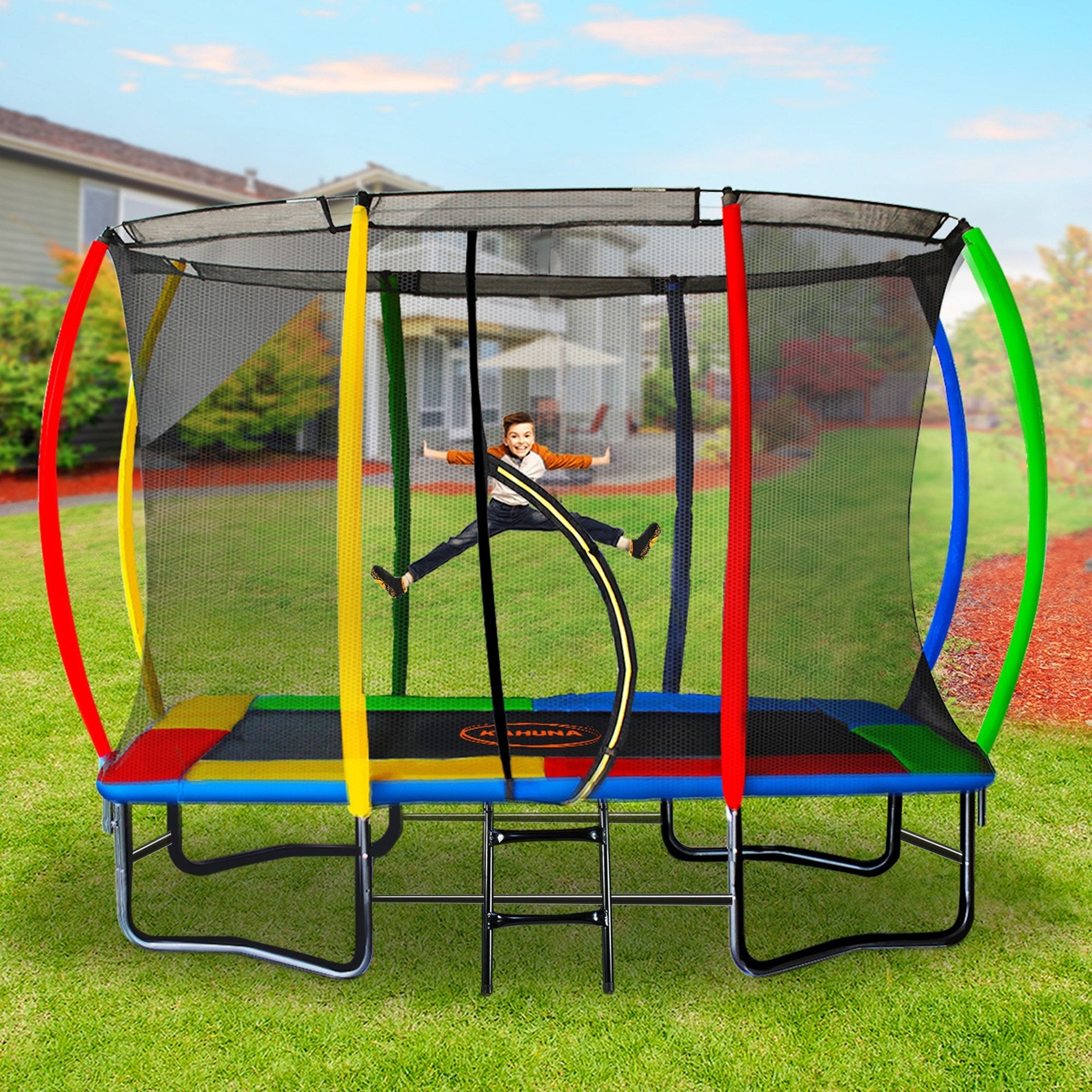 Kahuna 8ft x 11ft Rectangular Trampoline Rainbow Free Safety Net Spring Pad Cover Mat Ladder Kahuna