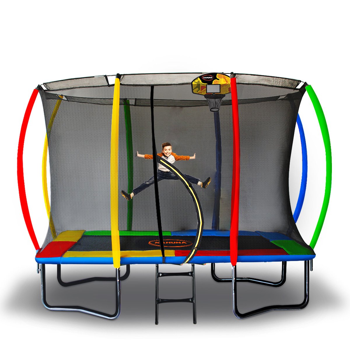 Kahuna 8ft x 11ft Outdoor Rectangular Rainbow Trampoline With Safety Enclosure And Basketball Hoop Set. Kahuna