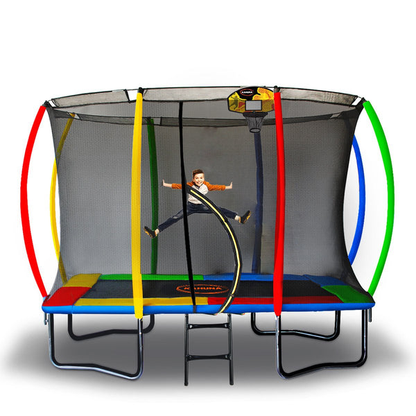Kahuna 8ft x 11ft Outdoor Rectangular Rainbow Trampoline With Safety Enclosure And Basketball Hoop Set. Kahuna