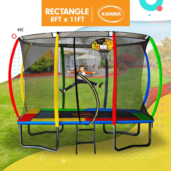 Kahuna 8ft x 11ft Outdoor Rectangular Rainbow Trampoline With Safety Enclosure And Basketball Hoop Set. Kahuna