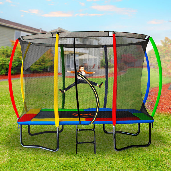 Kahuna 8ft x 11ft Outdoor Rectangular Rainbow Trampoline With Safety Enclosure And Basketball Hoop Set. Kahuna