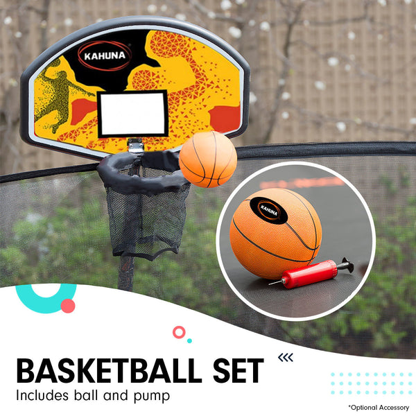 Kahuna 8ft x 11ft Outdoor Rectangular Rainbow Trampoline With Safety Enclosure And Basketball Hoop Set. Kahuna