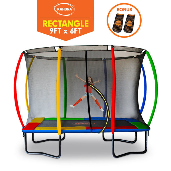 Kahuna 6ft x 9ft Outdoor Rectangular Rainbow Trampoline With Safety Enclosure Kahuna