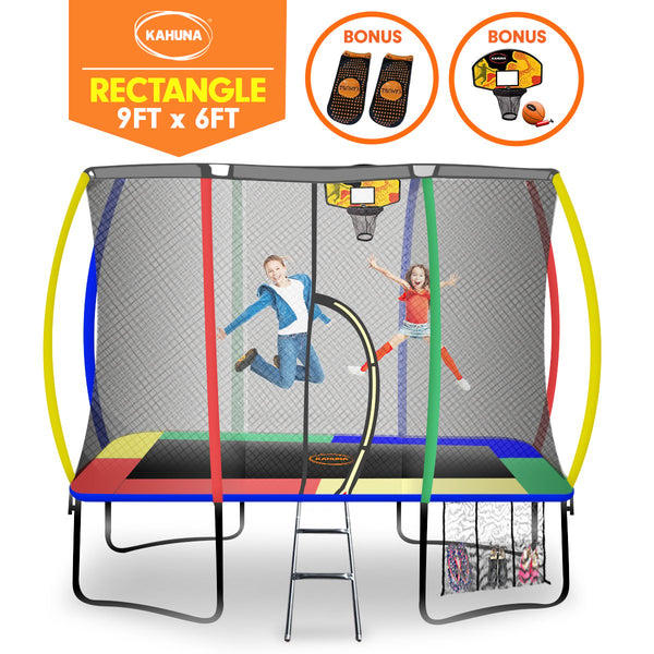 Kahuna 6ft X 9ft Outdoor Rectangular Rainbow Trampoline Safety Enclosure And Basketball Hoop Set Kahuna