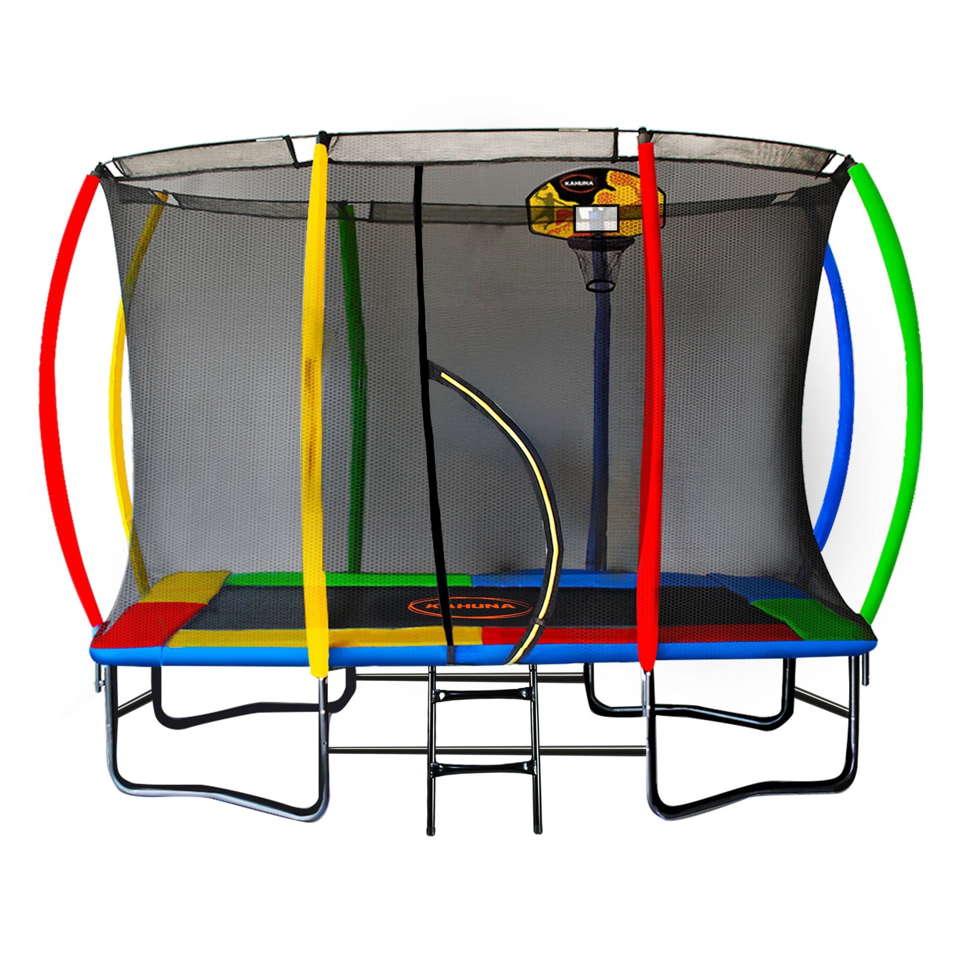 Kahuna 6 ft x 9 ft Rectangular Outdoor Trampoline with Basketball Set Rainbow Kahuna