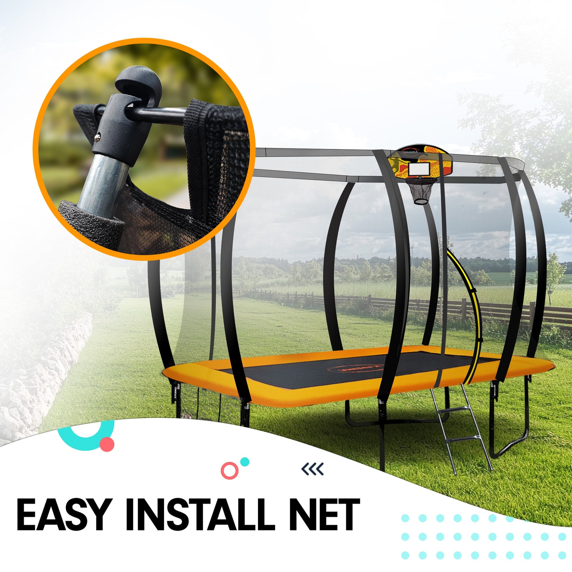 Kahuna 6 ft x 9 ft Rectangular Outdoor Trampoline with Basketball Set Rainbow Kahuna