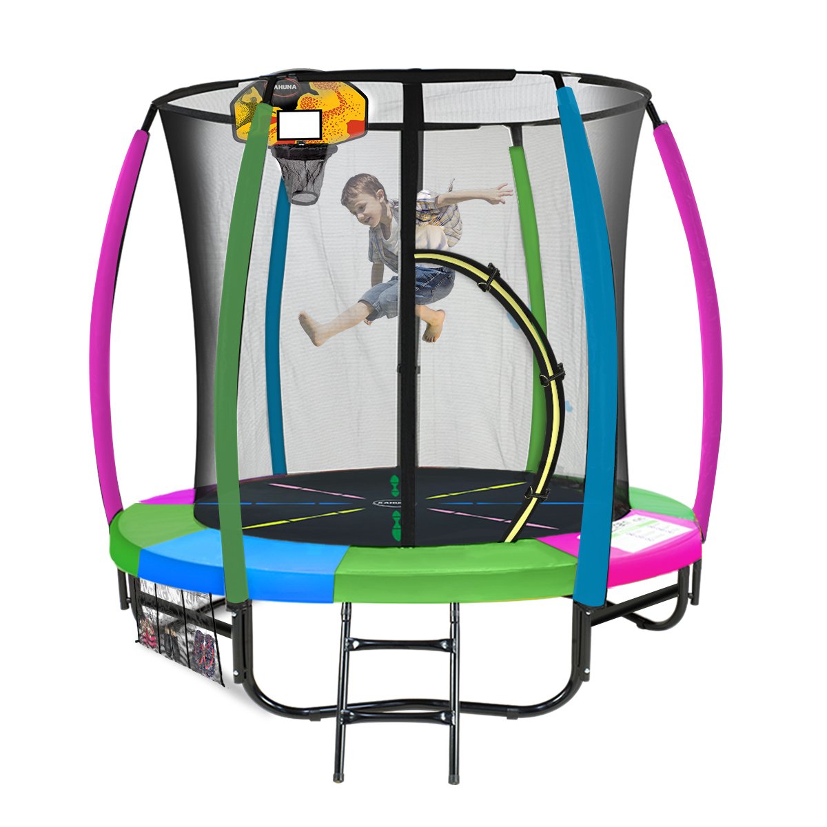 Kahuna Classic 6ft Trampoline Free Ladder Spring Mat Net Safety Pad Cover Round Enclosure Basketball Set - Rainbow Kahuna