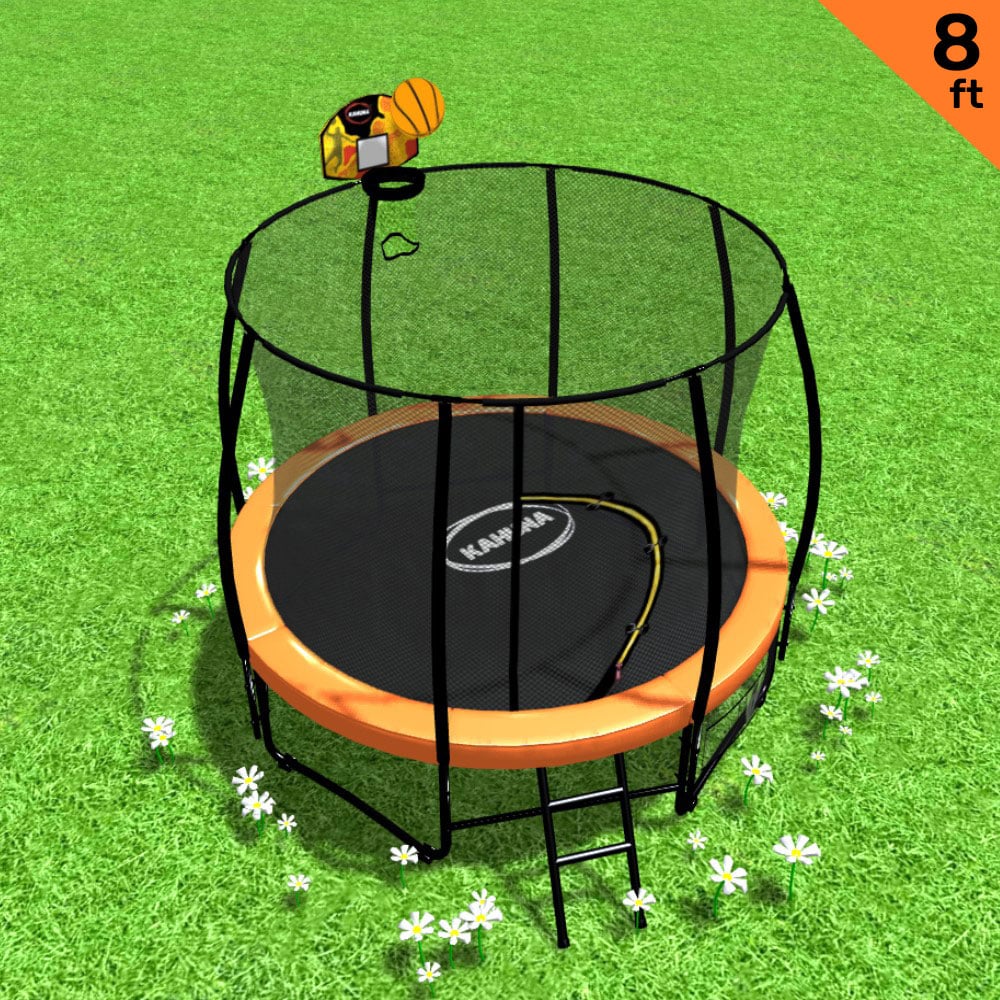 Kahuna 8ft Outdoor Orange Trampoline For Kids And Children Suited For Fitness Exercise Gymnastics With Safety Enclosure Basketball Hoop Set Kahuna