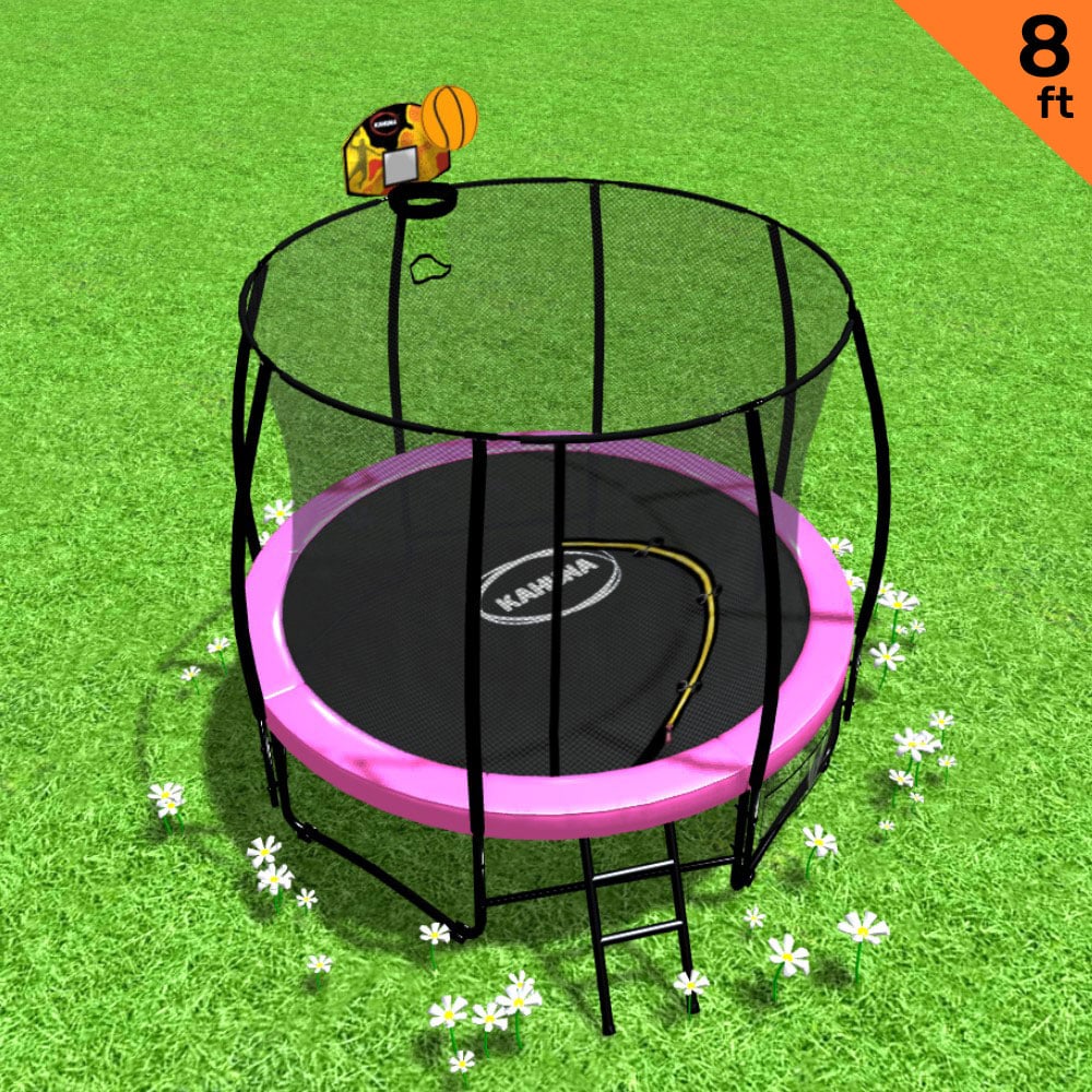 Kahuna 8ft Outdoor Trampoline Kids Children With Safety Enclosure Mat Pad Net Ladder Basketball Hoop Set - Pink Kahuna