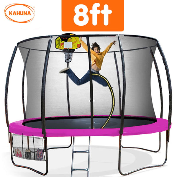 Kahuna 8ft Outdoor Trampoline Kids Children With Safety Enclosure Mat Pad Net Ladder Basketball Hoop Set - Pink Kahuna