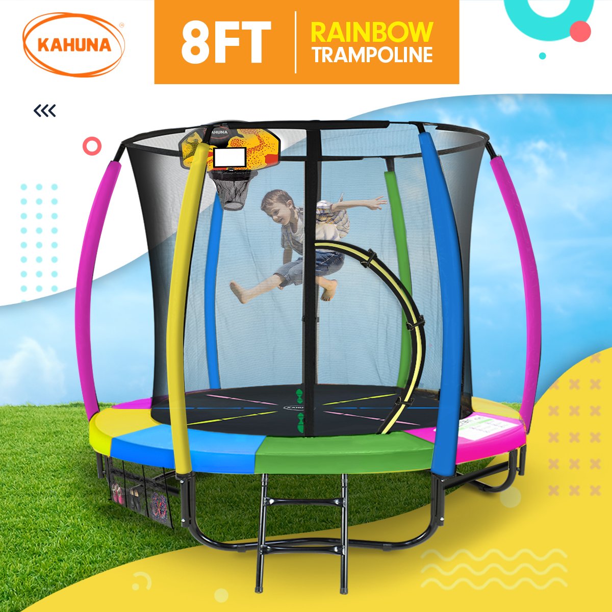 Kahuna 8ft Outdoor Trampoline Kids Children With Safety Enclosure Mat Pad Net Ladder Basketball Hoop Set - Rainbow Kahuna