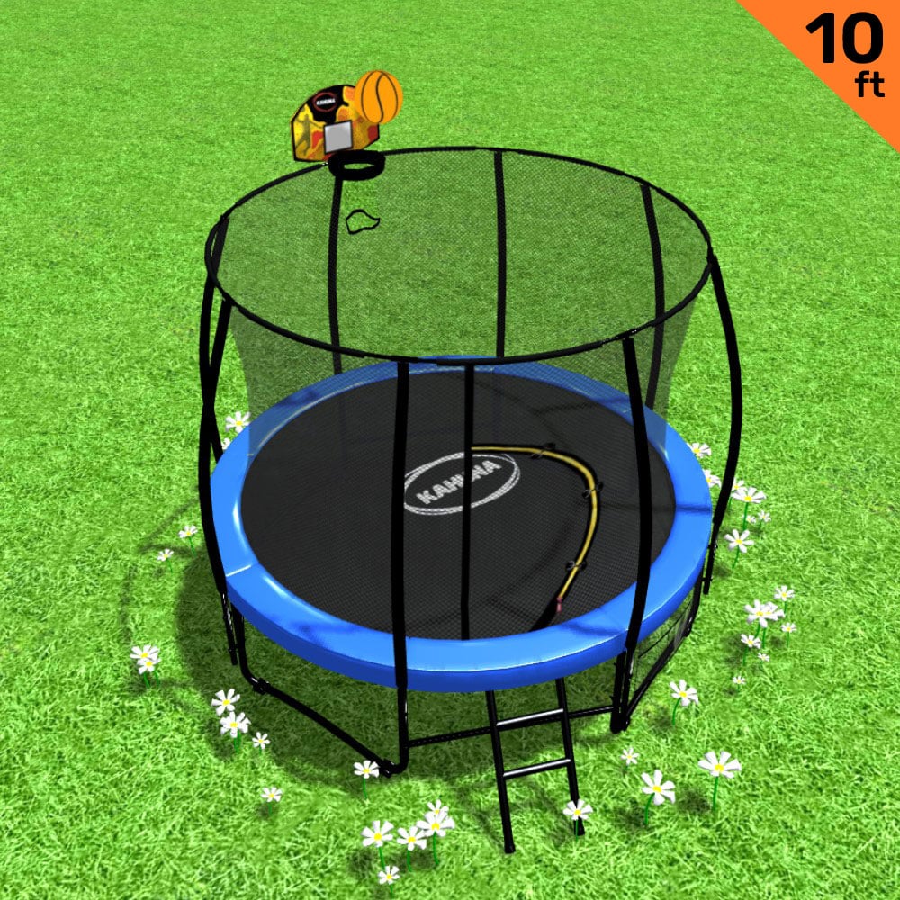Kahuna 10ft Outdoor Trampoline With Safety Enclosure Pad Ladder Basketball Hoop Set Blue Kahuna