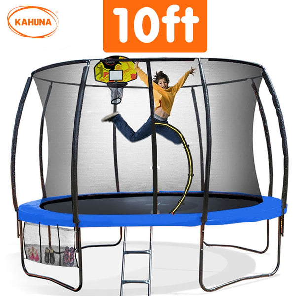Kahuna 10ft Outdoor Trampoline With Safety Enclosure Pad Ladder Basketball Hoop Set Blue Kahuna