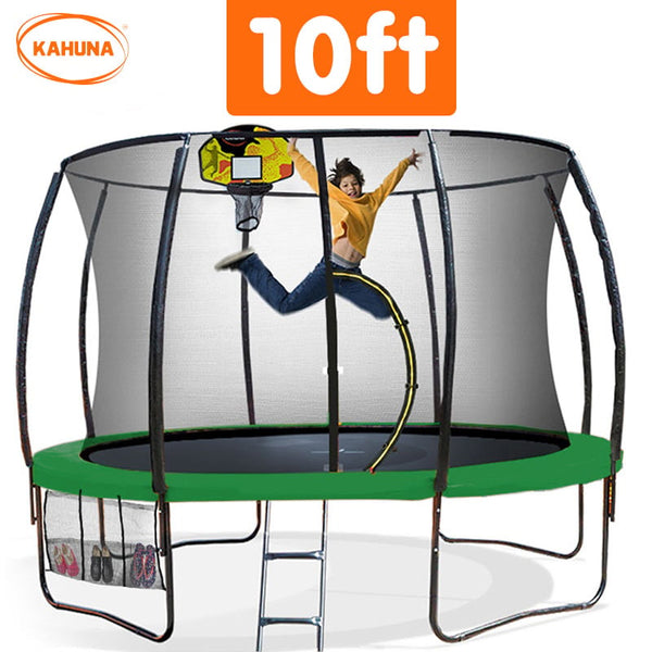 Kahuna 10ft Outdoor Trampoline With Safety Enclosure Pad Ladder Basketball Hoop Set Green Kahuna