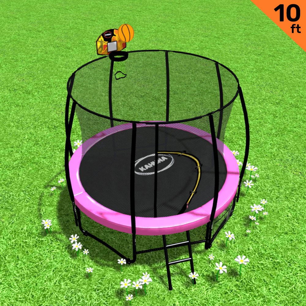 Kahuna 10ft Outdoor Trampoline With Safety Enclosure Pad Ladder Basketball Hoop Set Pink Kahuna