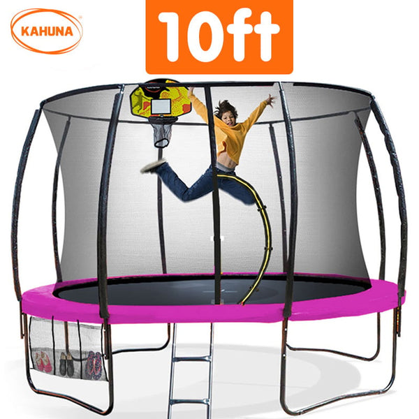 Kahuna 10ft Outdoor Trampoline With Safety Enclosure Pad Ladder Basketball Hoop Set Pink Kahuna
