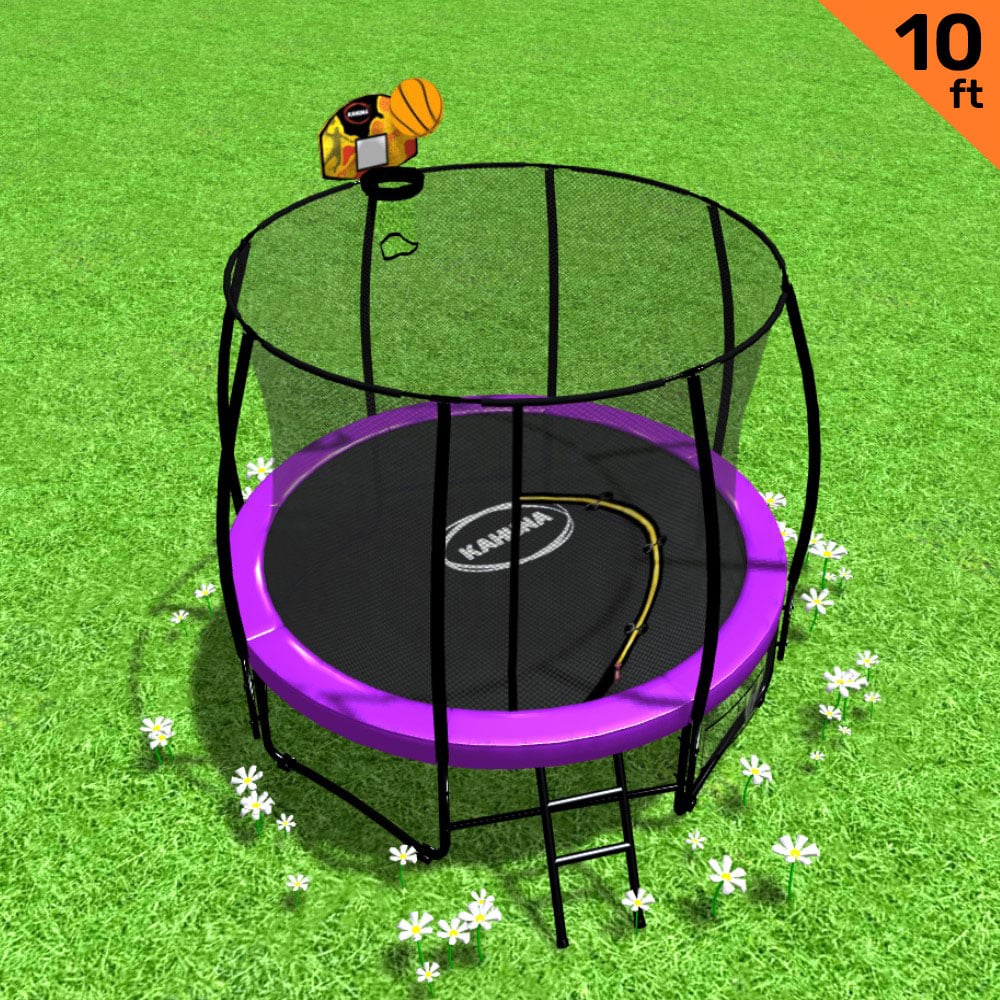 Kahuna 10ft Outdoor Trampoline With Safety Enclosure Pad Ladder Basketball Hoop Set Purple Kahuna