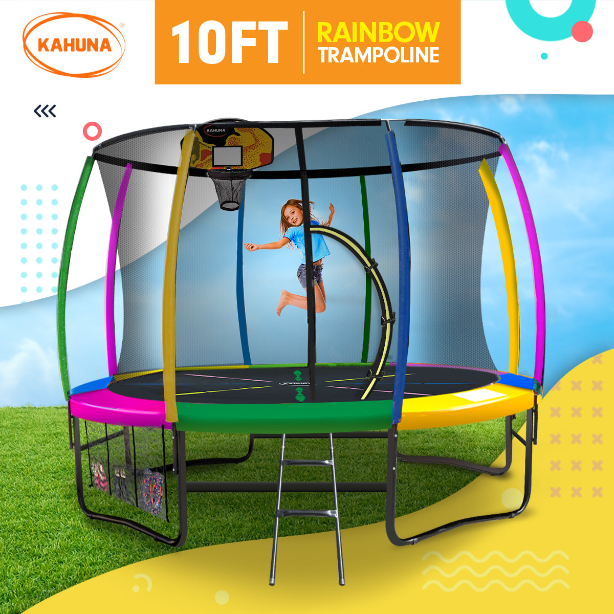 Kahuna 10ft Outdoor Trampoline Kids Children With Safety Enclosure Pad Mat Ladder Basketball Hoop Set - Rainbow Kahuna