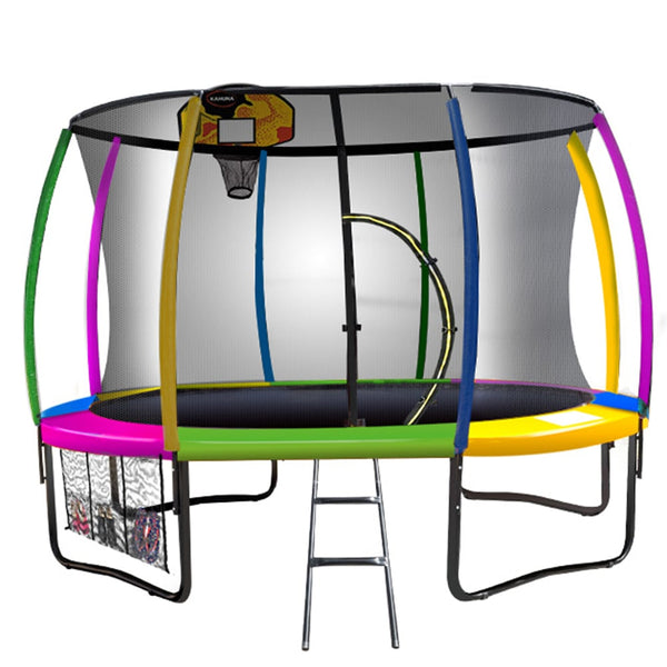 Kahuna 12ft Outdoor Trampoline Kids Children With Safety Enclosure Pad Mat Ladder Basketball Hoop Set - Rainbow Kahuna