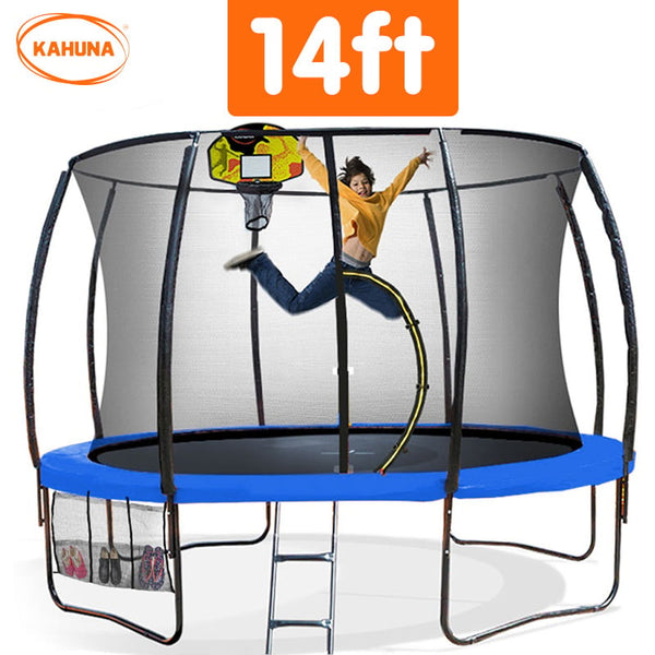 Kahuna 14ft Outdoor Trampoline Kids Children With Safety Enclosure Pad Mat Ladder Basketball Hoop Set - Blue Kahuna