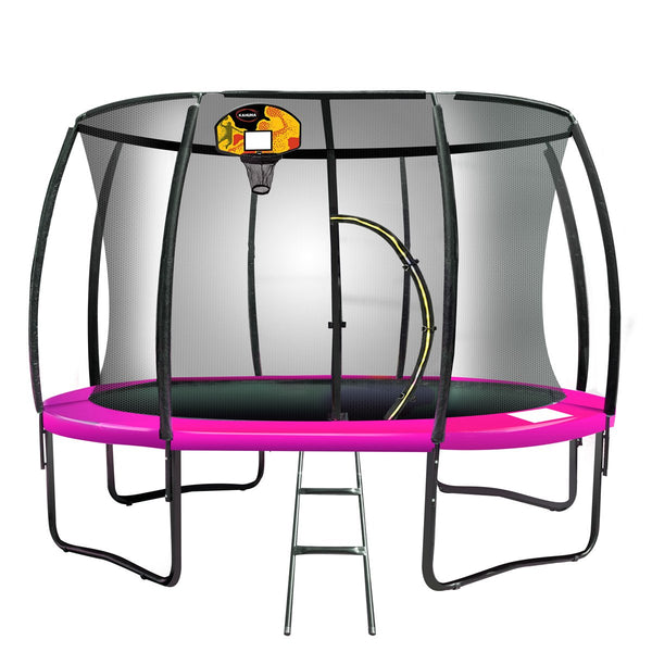 Kahuna 14ft Outdoor Trampoline Kids Children With Safety Enclosure Pad Mat Ladder Basketball Hoop Set - Pink Kahuna