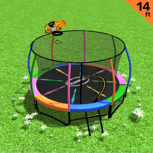Kahuna 14ft Outdoor Trampoline Kids Children With Safety Enclosure Pad Mat Ladder Basketball Hoop Set - Rainbow Kahuna