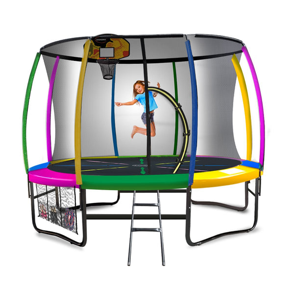 Kahuna 14ft Outdoor Trampoline Kids Children With Safety Enclosure Pad Mat Ladder Basketball Hoop Set - Rainbow Kahuna