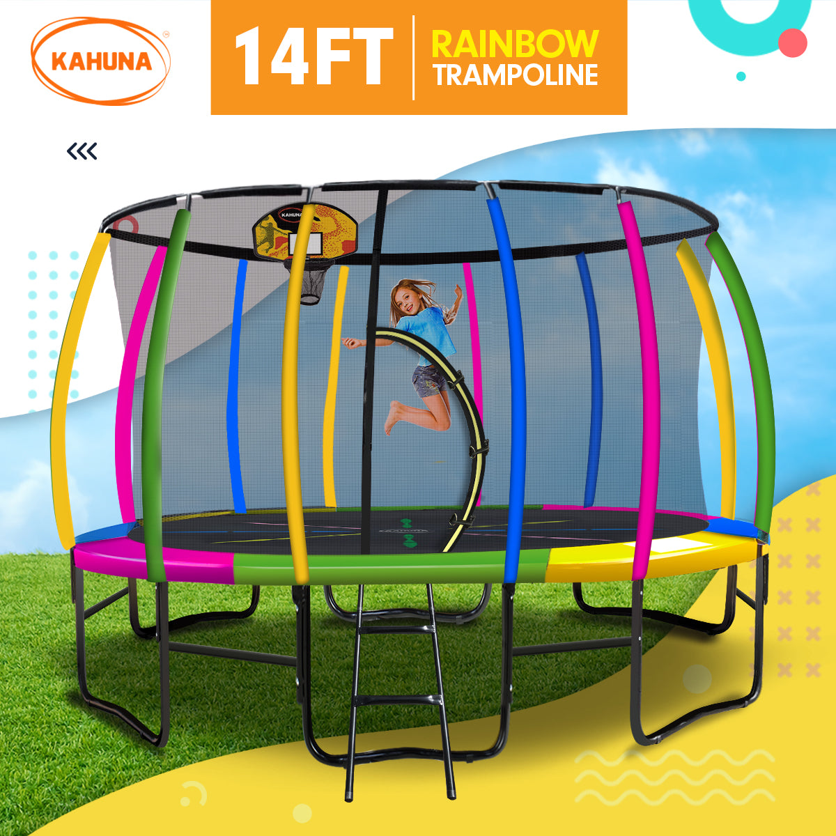 Kahuna 14ft Outdoor Trampoline Kids Children With Safety Enclosure Pad Mat Ladder Basketball Hoop Set - Rainbow Kahuna
