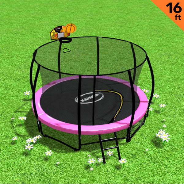 Kahuna 16ft Outdoor Trampoline Kids Children With Safety Enclosure Pad Mat Ladder Basketball Hoop Set - Pink Kahuna