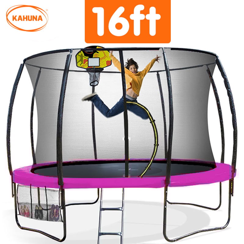 Kahuna 16ft Outdoor Trampoline Kids Children With Safety Enclosure Pad Mat Ladder Basketball Hoop Set - Pink Kahuna