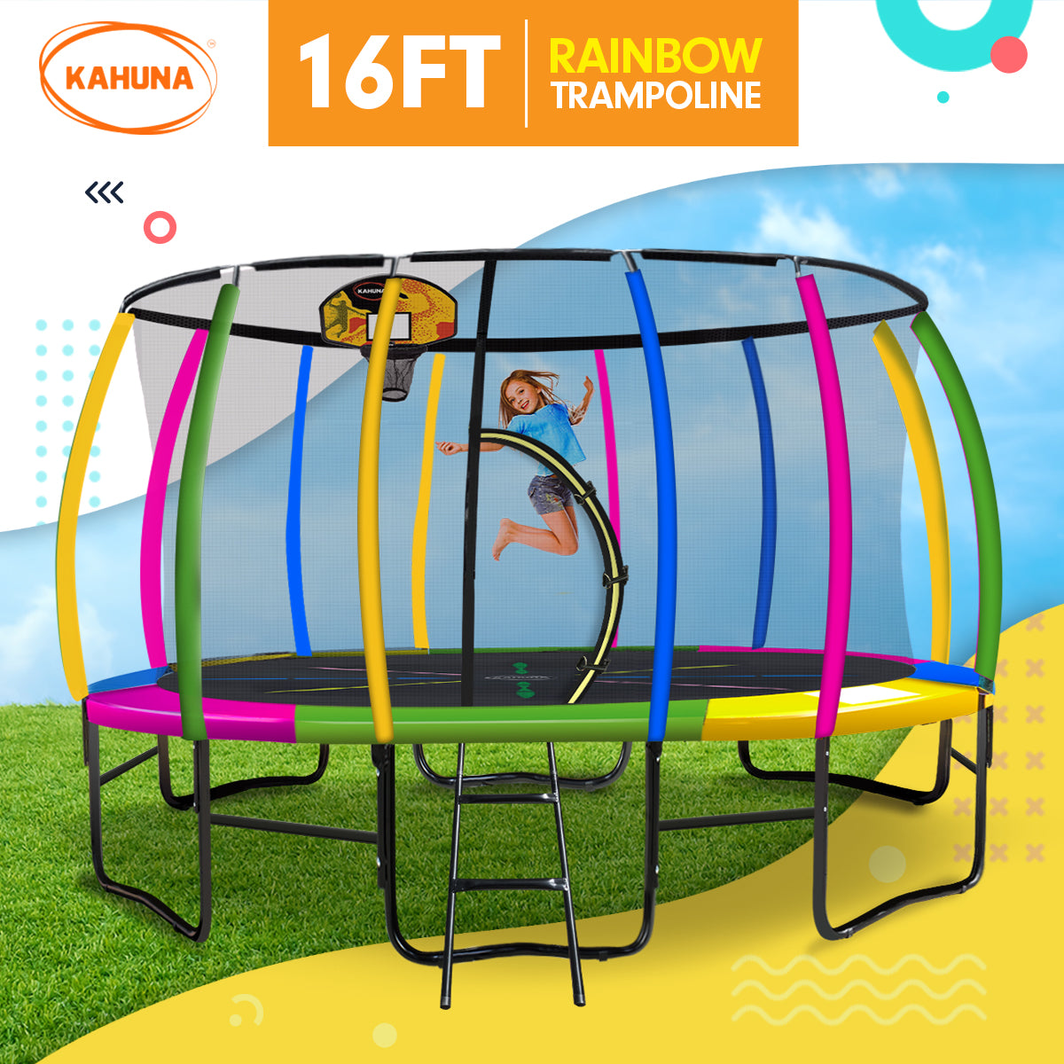 Kahuna 16ft Outdoor Trampoline Kids Children With Safety Enclosure Pad Mat Ladder Basketball Hoop Set - Rainbow Kahuna