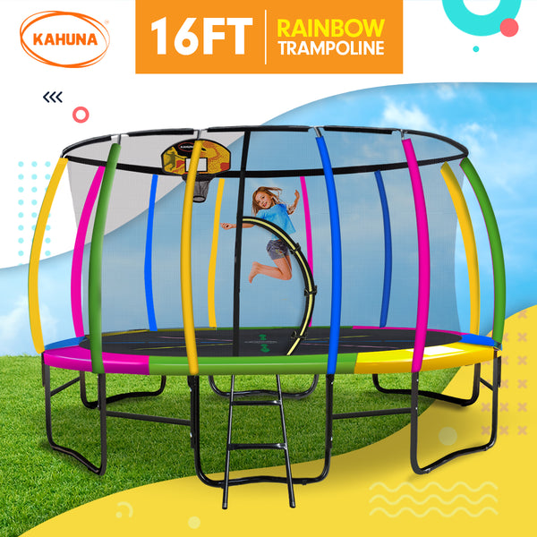 Kahuna 16ft Outdoor Trampoline Kids Children With Safety Enclosure Pad Mat Ladder Basketball Hoop Set - Rainbow Kahuna